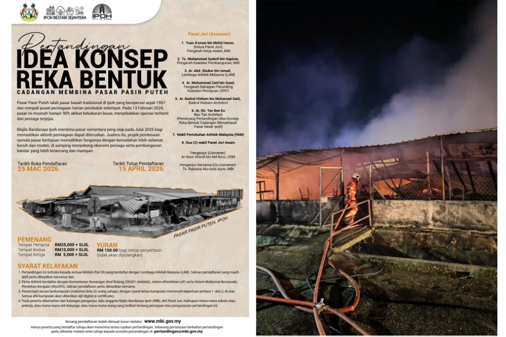 Ipoh City Council has launched a design competition with a RM25,000 top prize to rebuild the historic Pasar Pasir Puteh, which was nearly destroyed in a 2024 fire. — Composite picture via Facebook/Majlis Bandaraya Ipoh and Mike Chan