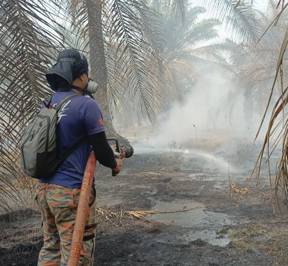 Firefighters have contained most of the blaze on Jalan Bypass Punggai-Sebana Cove, but flare-ups continue due to strong winds. — Picture via Facebook/bombajdt