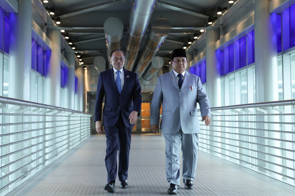 Prime Minister Datuk Seri Anwar Ibrahim with Indonesian President Prabowo Subianto during the latter’s visit to Kuala Lumpur last year. They are expected to discuss developments in Palestine and Iran in Jakarta today. — Bernama pic
