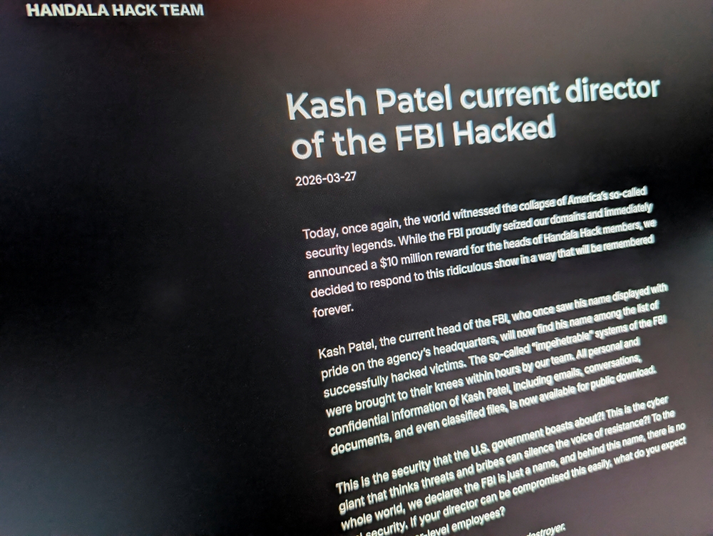 The website used by the Handala Hack Team, an Iran-linked hacker group which has claimed credit for the breach of FBI Director Kash Patel’s personal email, is shown on a screen in Washington D.C. March 27, 2026.   