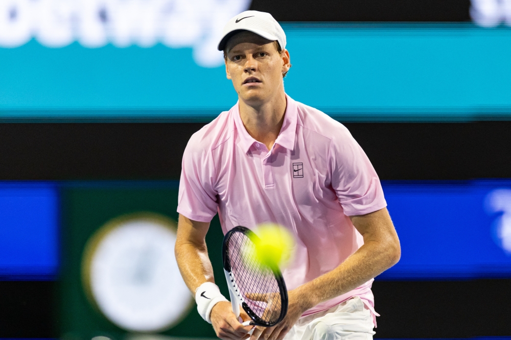 Jannik Sinner of Italy hits a forehand drop shot against Alexander Zverev of Germany in the semi-finals of the men’s singles at the Miami Open at the Hard Rock Stadium March 27, 2026. — Mike Frey-Imagn Images/Reuters pic 