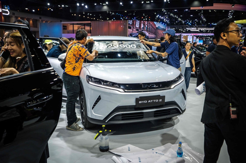 Chinese automaker BYD displays its BYD ATTO 2 electric vehicle (EV) at the 2026 Bangkok International Motor Show at the Impact Arena convention venue in Bangkok, Thailand. — AP pic