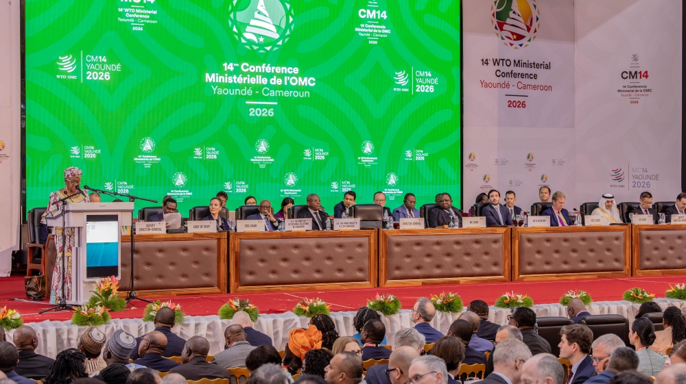 Director-General of the World Trade Organisation (WTO) Ngozi Okonjo-Iweala speaks during the opening of the WTO 14th ministerial meeting in Yaounde, Cameroon, March 26, 2026. — WTO hand out pic via Reuters
