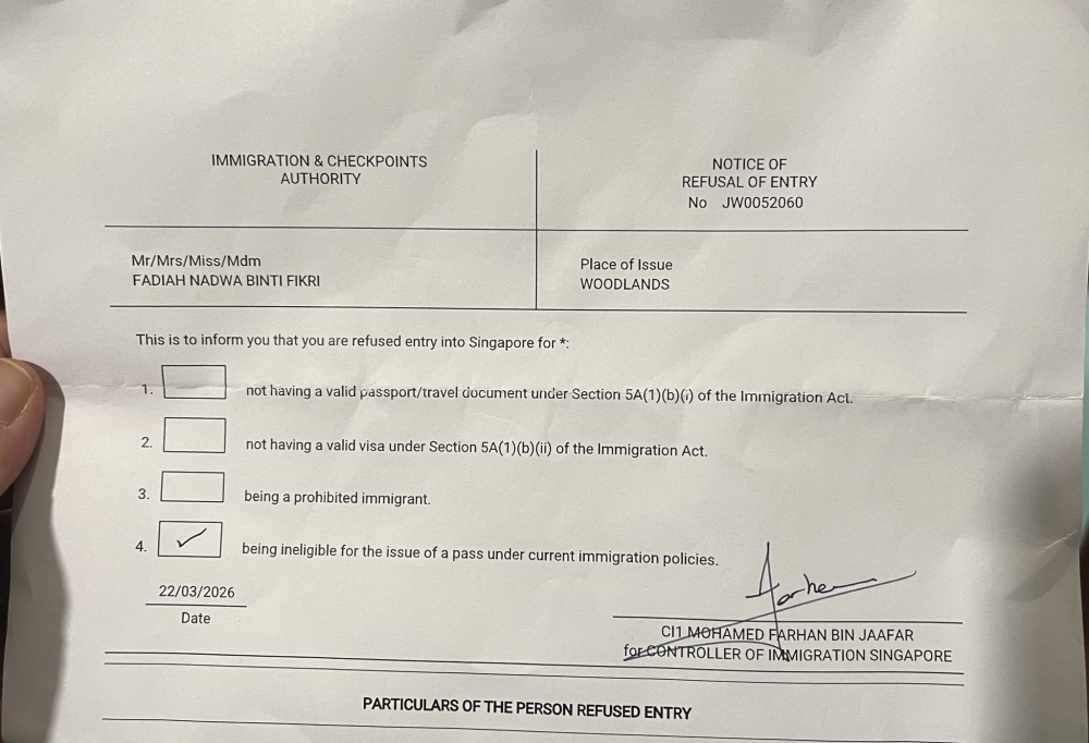 Malaysian Fadiah Nadwa Fikri shares a picture of the certificate banning her from entering Singapore on March 22, 2026 after completing her PhD studies there. — Picture from X/Fadiah Nadwa 法迪婭·娜德娃