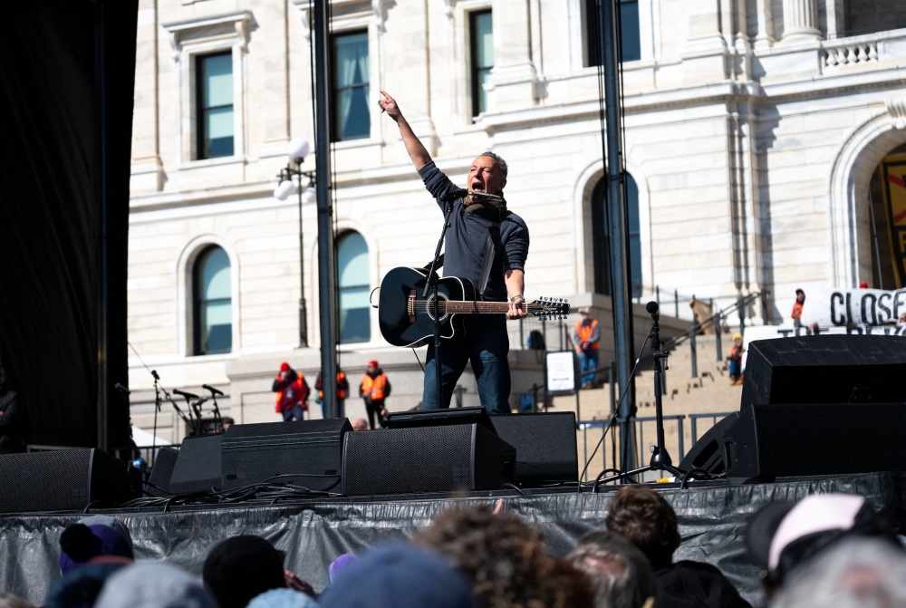 Musician Bruce Springsteen performs during a ‘No Kings’ protest outside the State Capitol building on March 28, 2026 in St Paul, Minnesota. — Getty Images via AFP