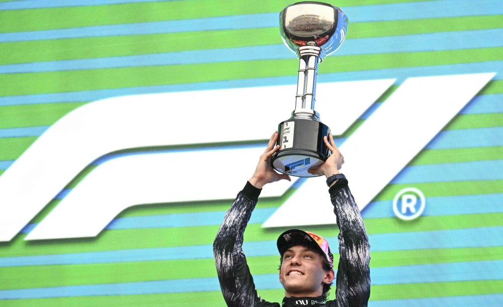 Italian driver for Mercedes Kimi Antonelli, 19, celebrates on the podium after the Formula One Japanese Grand Prix at the Suzuka circuit in Suzuka, Mie prefecture on March 29, 2026. — AFP pic
