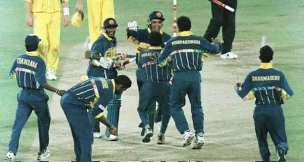 The underdog Sri Lankan team celebrating victory over Australia.