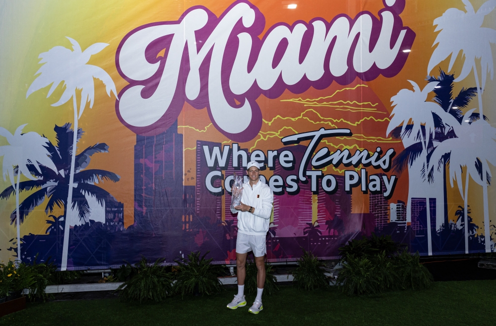 Jannik Sinner of Italy poses with the Butch Buchholz Championship Trophy after defeating Jiri Lehecka of the Czech Republic in the final of the men’s singles at the Miami Open at the Hard Rock Stadium March 29, 2026. — Mike Frey-Imagn Images/Reuters pic 