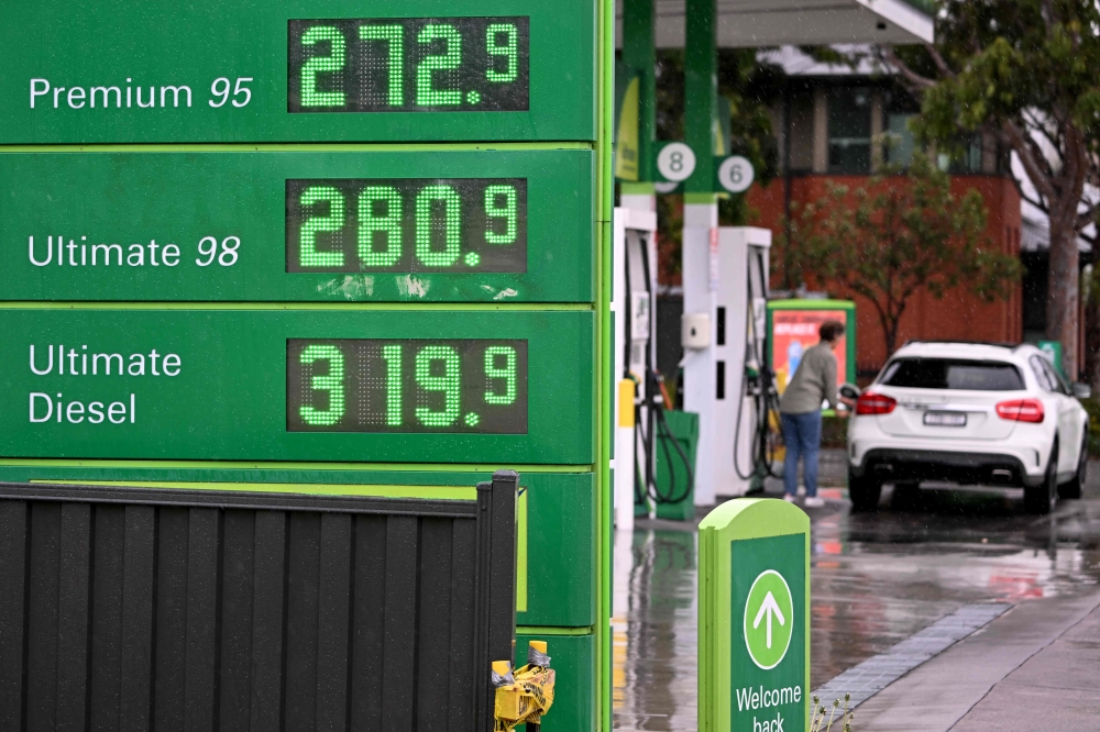 Fuel prices are displayed at a petrol station in the Melbourne suburb of Williamstown on March 26, 2026. — AFP pic 
