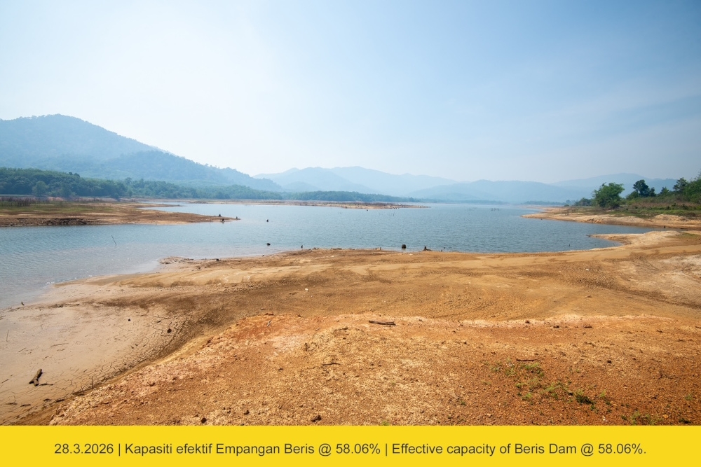 The capacity of the 122,400 ML Beris Dam was at 100 per cent on January 1 and its capacity has dropped to 58.06 per cent as of March 28. — Picture courtesy of PBAPP