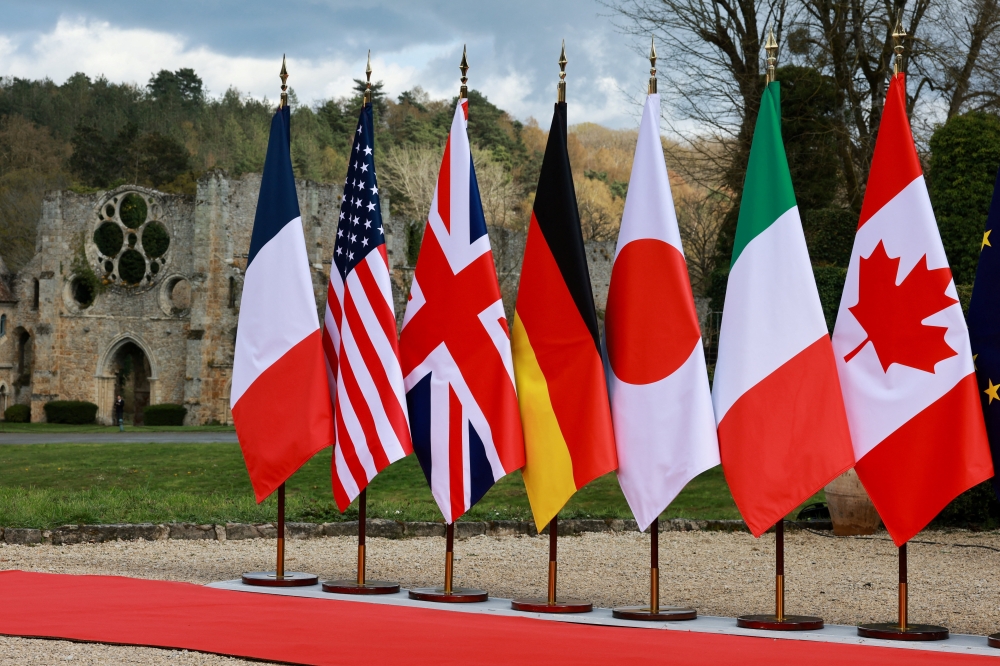 The flags of France, US, Britain, Germany, Japan, Italy and Canada on the day of the G7 Foreign Ministers’ Meeting at Vaux-de-Cernay Abbey in Cernay-la-Ville near Paris March 26, 2026. — Reuters pic 