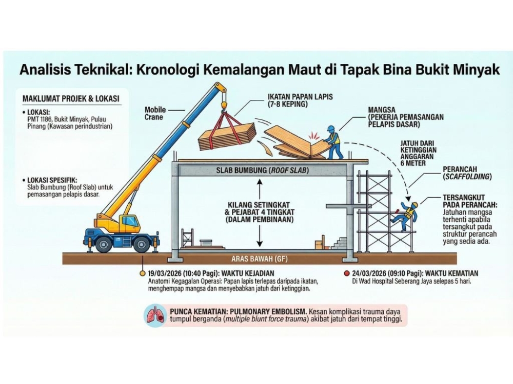 The Department of Occupational Safety and Health (DOSH) Penang has issued a Prohibition Notice and a stop-work order to the employer at a construction site in the Bukit Minyak Industrial Park following a fatal accident recently. — Picture via Facebook/DOSH Pulau Pinang