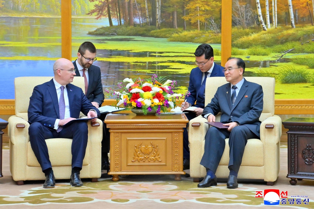 This picture taken on March 30, 2026 and released by North Korea’s official Korean Central News Agency (KCNA) on March 31, 2026 shows Jo Yong-won (right), Chairman of the Standing Committee of the Supreme People’s Assembly (SPA), meeting with Russian news agency TASS director general Andrey Kondrashov (left) at the Pyongyang Assembly Hall in Pyongyang. — KCNA pic via KNS/AFP