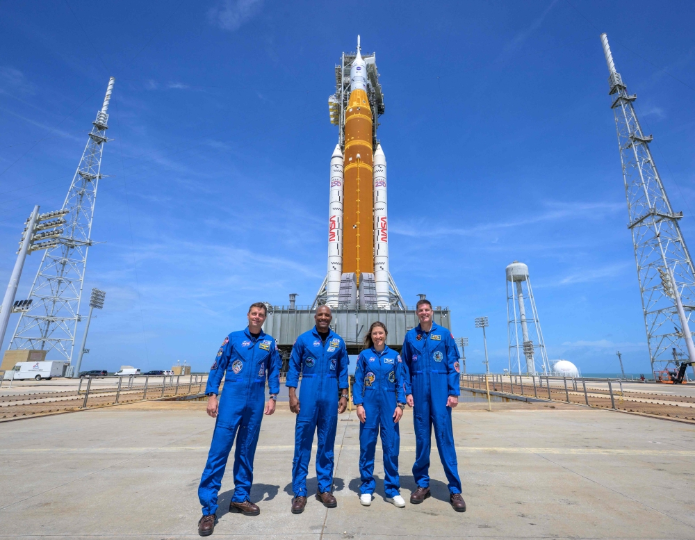 Nasa astronauts Reid Wiseman (Artemis II commander), Victor Glover (pilot), Christina Koch and CSA astronaut Jeremy Hansen (mission specialists) pose ahead of Nasa’s Artemis II countdown at Launch Complex 39B, Kennedy Space Center, Florida, March 30, 2026. — Nasa handout pic via AFP 