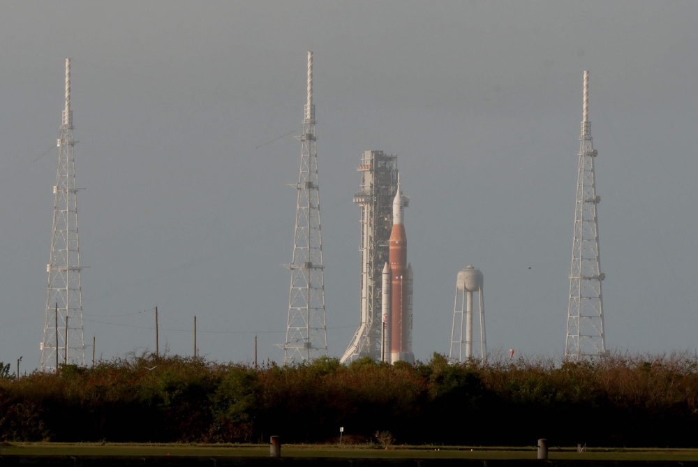 Nasa’s Artemis II Space Launch System rocket and Orion spacecraft sit on Launch Pad 39B at Kennedy Space Center, Cape Canaveral, Florida, March 30, 2026, ahead of a planned April 1 crewed lunar mission. — AFP pic