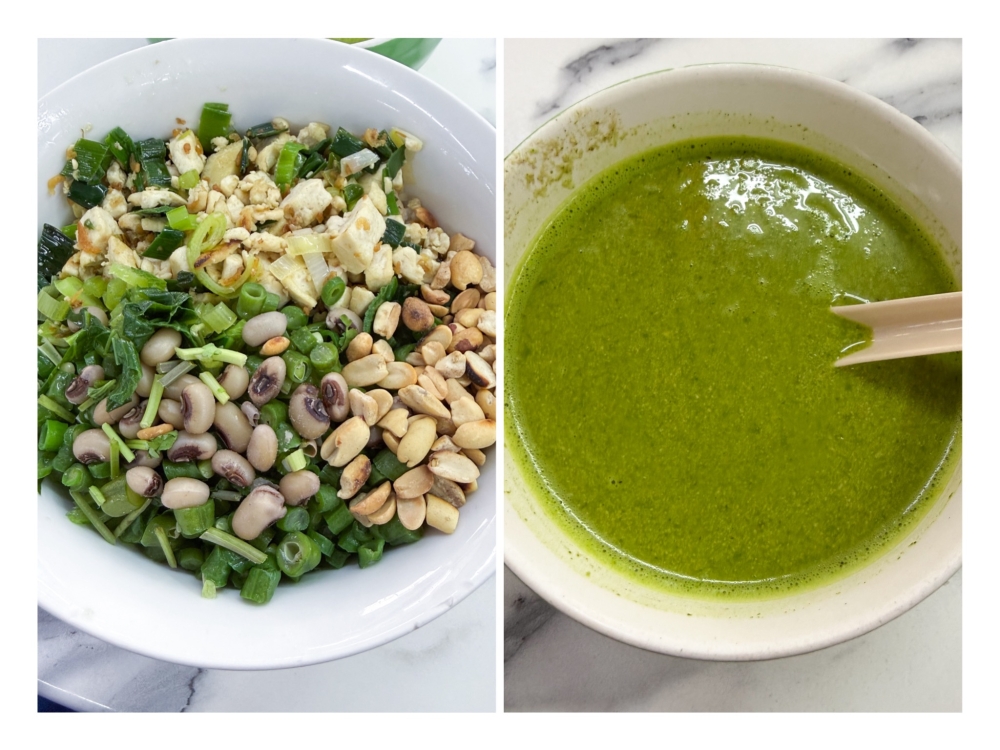A crowd favourite is the Hakka ‘lui cha’ stall that moved from Medan Selera Berlian with its abundance of greens, peanuts and black eye peas (left). Drench your bowl with their green soup made with pounded greens (right). — Picture by Lee Khang Yi