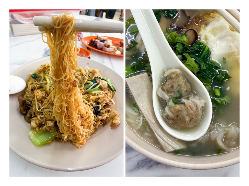 Pull those delicate strands to untangle them before consumption (left). ‘Bian rou’ or tiny minced pork dumplings with a slightly chewy skin made from pounded pork and flour (right). — Picture by Lee Khang Yi