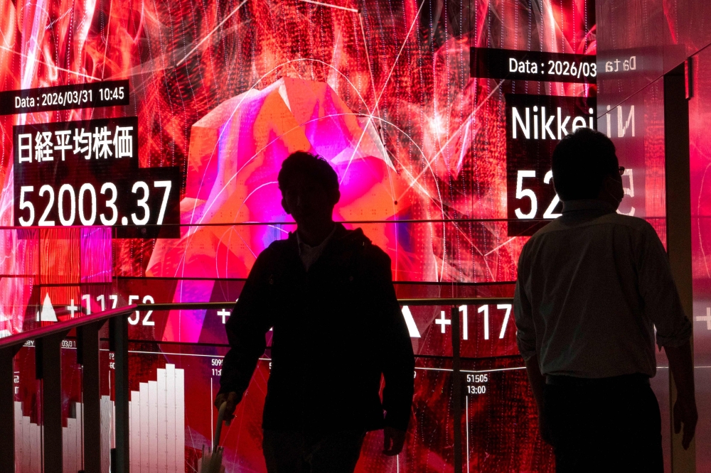 An electronic quotation board displays numbers of the Nikkei Stock Average on the Tokyo Stock Exchange in Tokyo on April 1, 2026. — Reuters pic