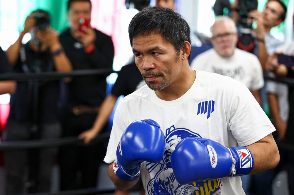 Manny Pacquiao looks on as he trains at Wild Card Boxing Club on June 25, 2025 in Los Angeles, California. — AFP pic