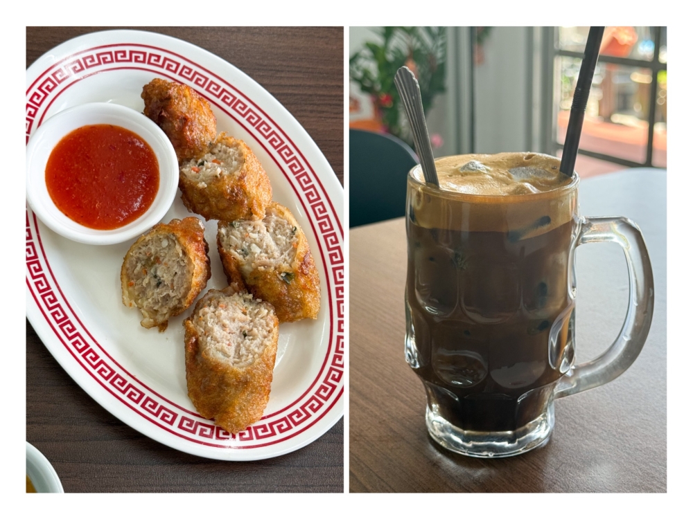 Homemade Hokkien Meat Rolls are made with juicy minced meat (left). Keep awake with their Ipoh White Coffee drink (right).