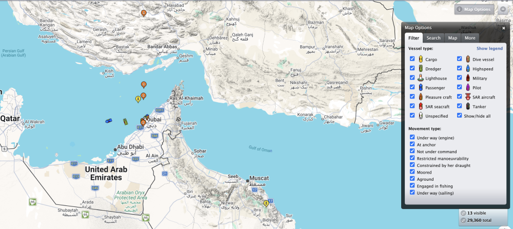 A live view of ships navigate busy international waters near the Strait of Hormuz, illustrating the critical role of maritime trade in global supply chains. — Screengrab of Ship Finder