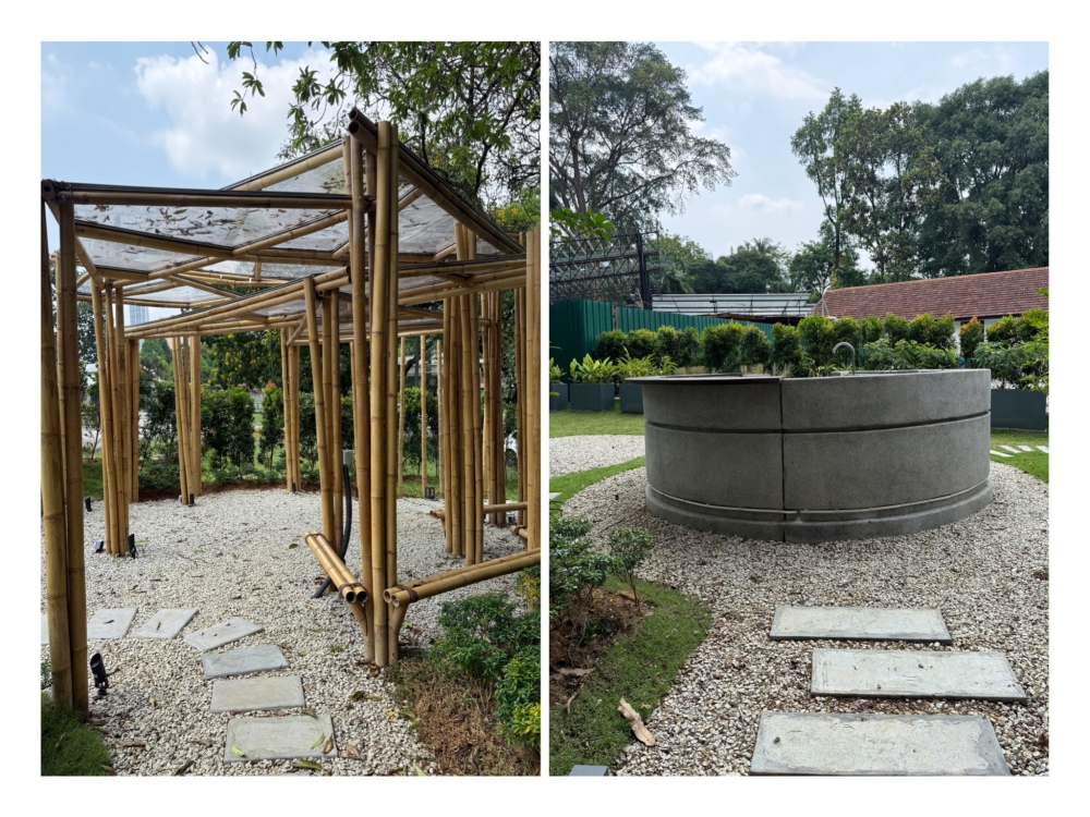 A bamboo pavilion next to the restaurant offers shelter (left). This customised charcoal grill allows the restaurant to cater to larger groups (right). — Pictures by Lee Khang Yi
