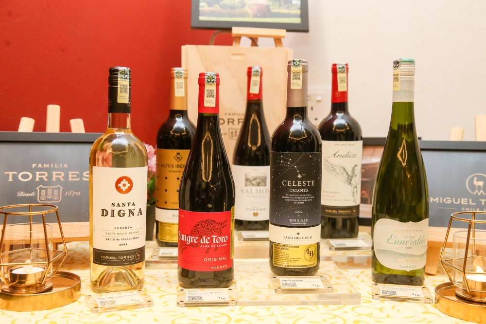 A selection of wines across both Familia Torres and Miguel Torres portfolios, including staples like Viña Esmeralda and more complex expressions like Celeste Crianza from Ribera del Duero. — Picture by Choo Choy May