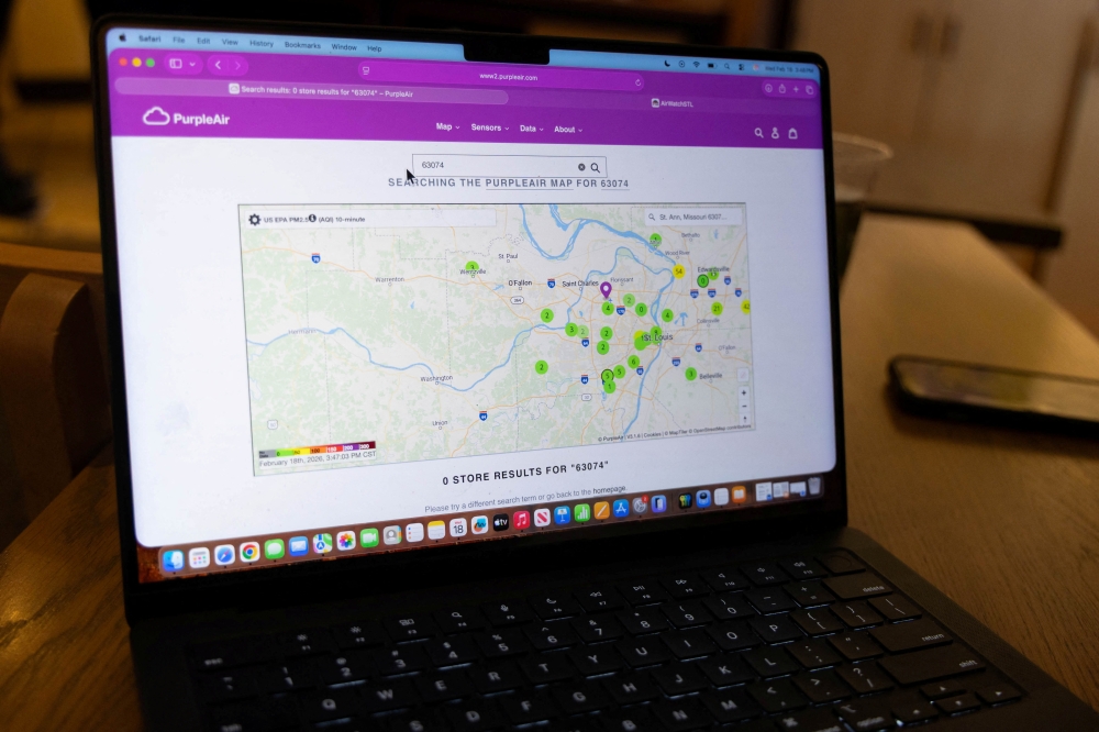 A laptop displays the PurpleAir real time air quality map for Florissant, Missouri, U.S., February 18, 2026. — Reuters pic