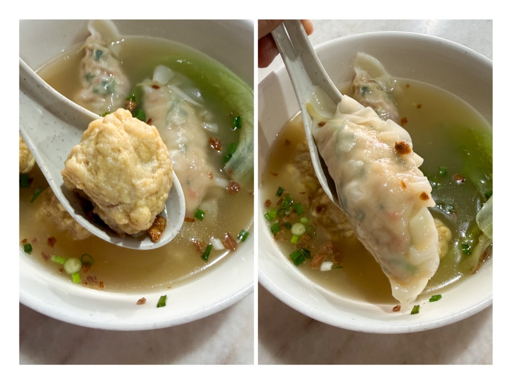 Golden Fish Puffs are softer with a mixture of beancurd and fish paste (left). Dumplings are stuffed to the brim with a juicy meat filling (right) — Pictures by Lee Khang Yi