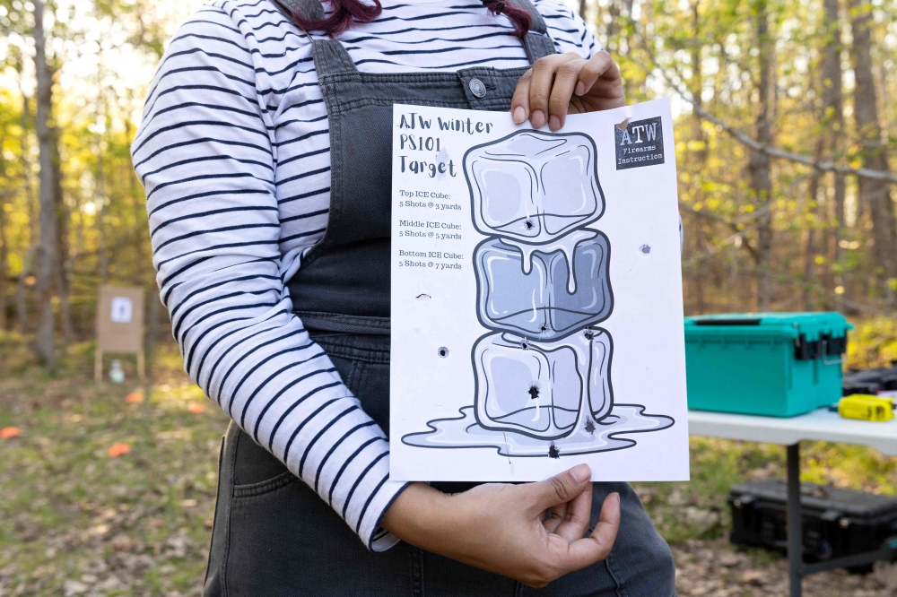 A participant displays her target after shooting a pistol during an introductory firearms class at a backyard shooting range in Midlothian, Virginia, April 11, 2026. — AFP pic