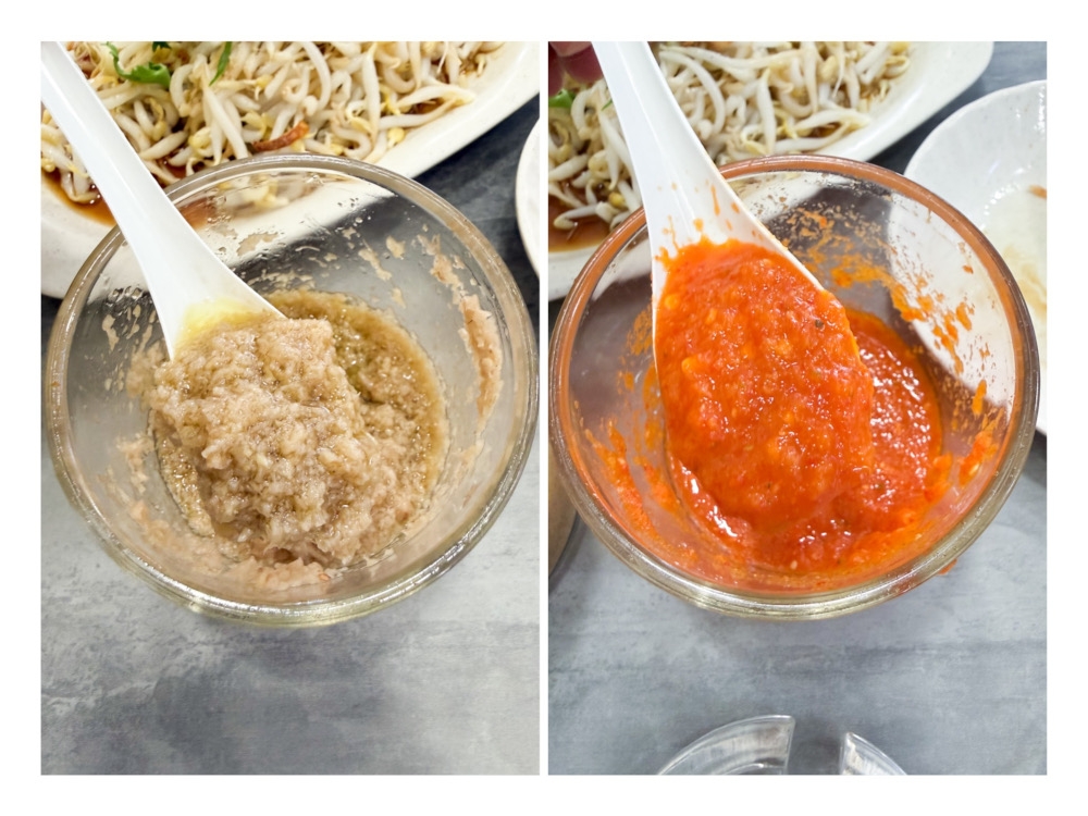 Fragrant ginger paste is good with the leaner parts of the chicken (left). Thick blended chilli sauce gives a mild heat to your meal (right). — Picture by Lee Khang Yi