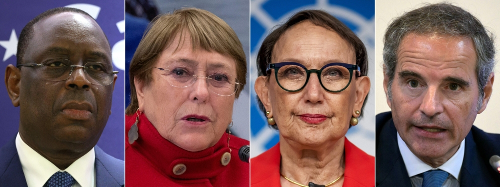 This combination of pictures created on April 16, 2026 shows (from left) Senegal's president Macky Sall at a European Union forum on Global gateway investment initiative at the EU headquarters in Brussels on October 25, 2023, UN High Commissioner for Human Rights, former Chilean President Michelle Bachelet, speaking during a press conference in Lima, Secretary-General of the United Nations Trade and Development (UNCTAD) Rebeca Grynspan prior to a press conference ahead of the 16th UN conference on trade and development, in Geneva, on October 13, 2025 and the Director General of the International Atomic Energy Agency (IAEA), Rafael Grossi, speaking during the presentation of his candidacy for the United Nations secretary-general in Buenos Aires on December 22, 2025. — AFP pic 