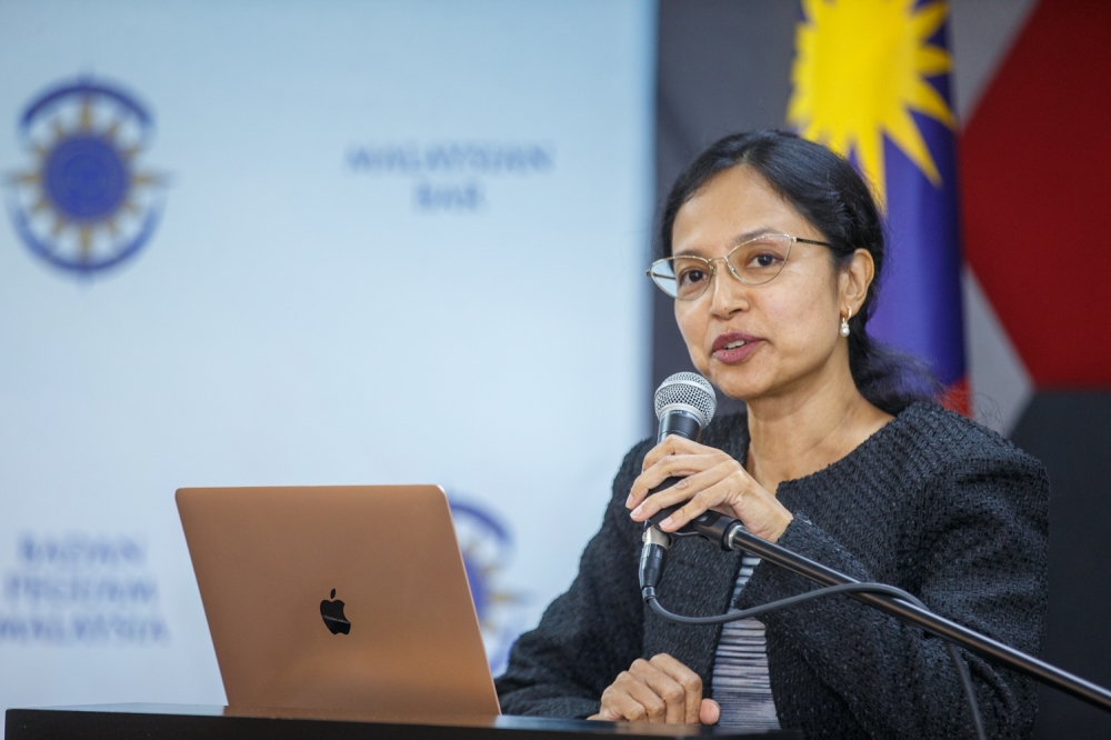Independent Policy Strategy Consultant and UN Research Fellow Maha Balakrishnan speaks at a forum discussing the separation of powers between the Attorney General and Public Prosecutor in Kuala Lumpur April 20, 2026. — Picture by Raymond Manuel