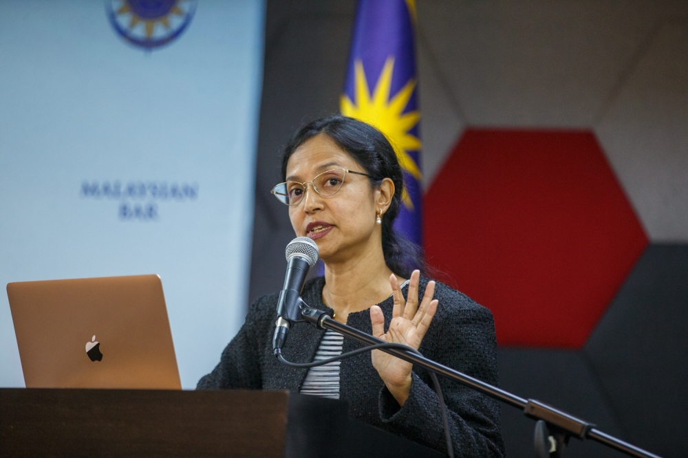 Independent Policy Strategy Consultant and UN Research Fellow Maha Balakrishnan speaks at a forum discussing the separation of powers between the Attorney General and Public Prosecutor in Kuala Lumpur on April 20, 2026. —Picture by Raymond Manuel