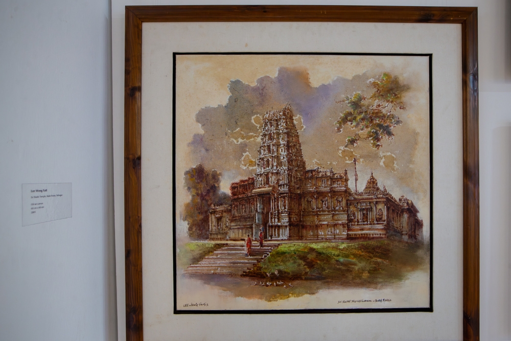 An oil on canvas artwork by Lee Weng Fatt depicting the Sri Shakti Temple in Bukit Rotan, Selangor, is displayed at the Temple Art Gallery showcase in Kuala Lumpur April 21, 2026. —Picture by Raymond Manuel