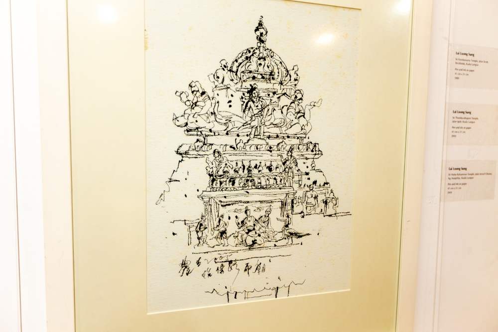 A pen and ink on paper artwork by Lai Loong Sung depicting the Sri Thandayuthapani Temple in Jalan Ipoh is displayed at the Temple Art Gallery showcase in Kuala Lumpur April 21, 2026. —Picture by Raymond Manuel