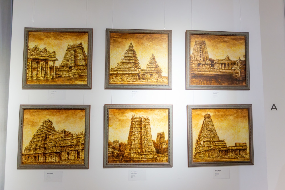 A collection of oil on canvas artworks by Dr S Chantiran is displayed at the Temple Art Gallery showcase in Kuala Lumpur April 21, 2026. — Picture by Raymond Manuel