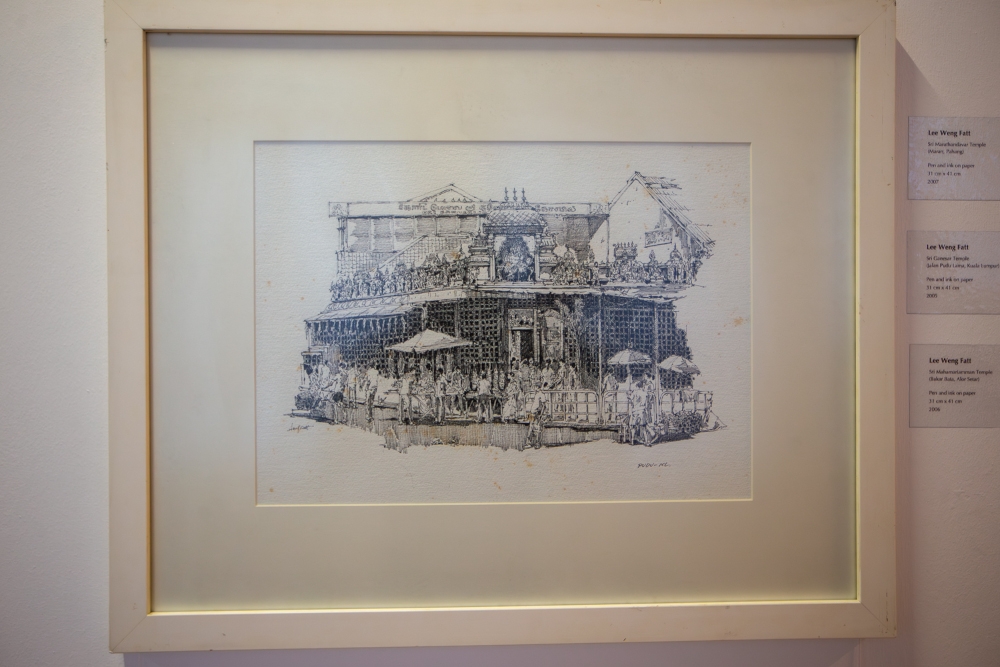 A pen and ink on paper artwork by Lee Weng Fatt depicting the Sri Ganesar Temple in Jalan Pudu Lama is displayed at the Temple Art Gallery showcase in Kuala Lumpur April 21, 2026. —Picture by Raymond Manuel
