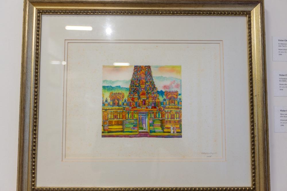 A watercolour on paper artwork by Victor Chin depicting the Sri Kandaswamy Temple in Brickfields is displayed at the Temple Art Gallery showcase in Kuala Lumpur April 21, 2026. —Picture by Raymond Manuel