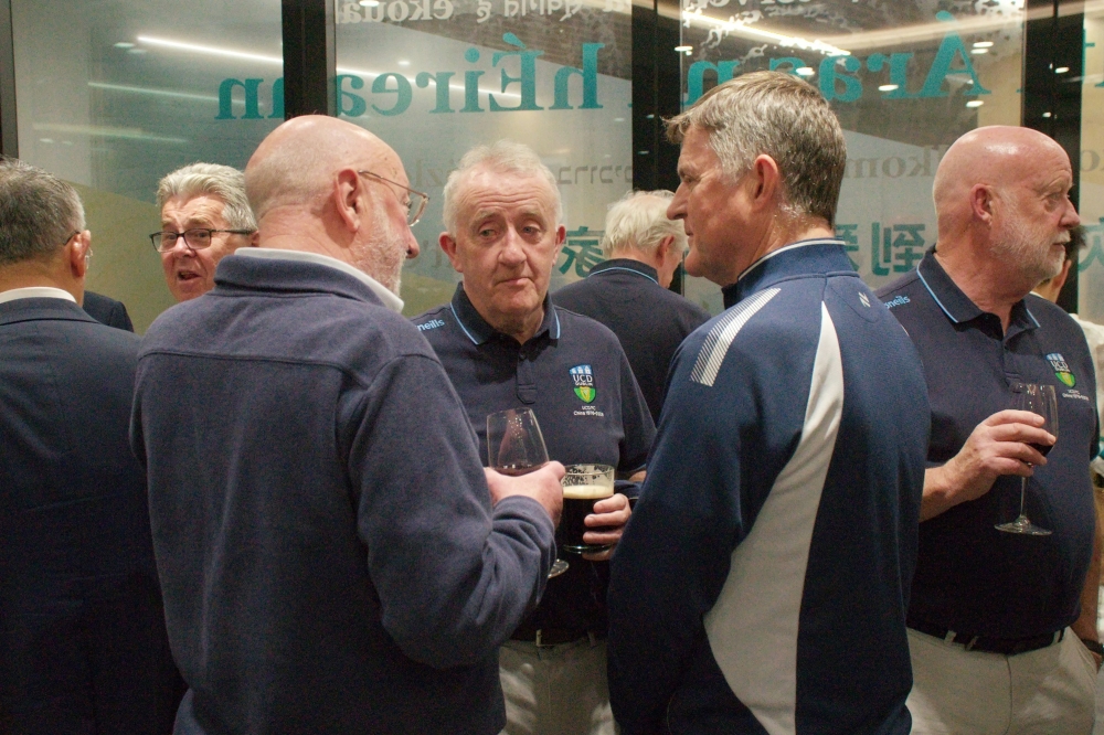 Attendees, including former players, attend a reception for the University College Dublin 1976 football squad at Ireland House in Shanghai on April 24, 2026. — AFP pic