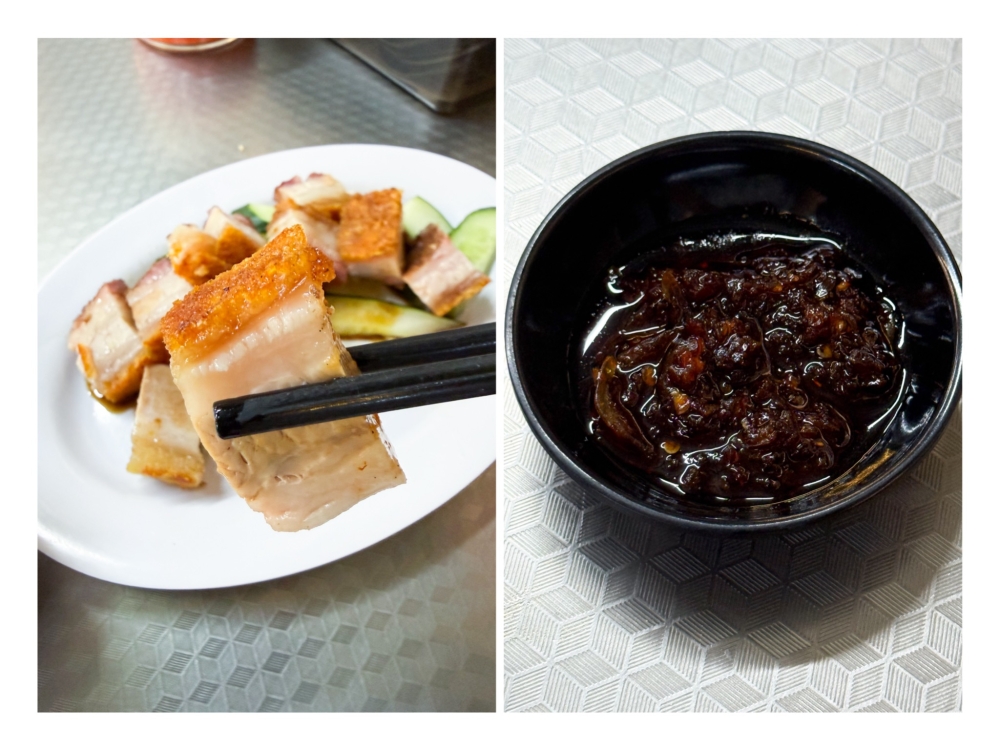 Roast pork has a crispy skin like a prawn cracker (left). Chilli crisp is served with the noodles, which are super spicy (right). — Pictures by Lee Khang Yi