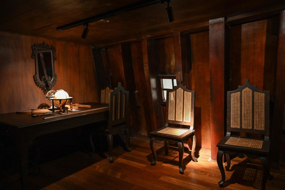 This photo taken on April 21, 2026 shows an interior view of the Galeon Espiritu Santo, a full-scale representation of a 17th century galleon, on display at the Museo del Galeon in Manila. A full-size replica of a Spanish galleon stares out into Manila Bay, the centrepiece of a museum that will transport visitors back to the 17th century, when conscripted Philippine mariners birthed the era of globalisation. — AFP pic