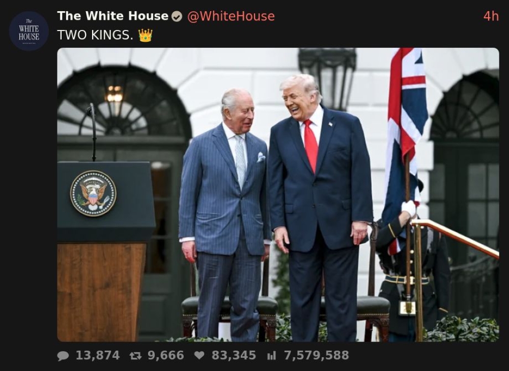 A White House tweet uses the caption “TWO KINGS” with an image of US President Donald Trump and King Charles III.