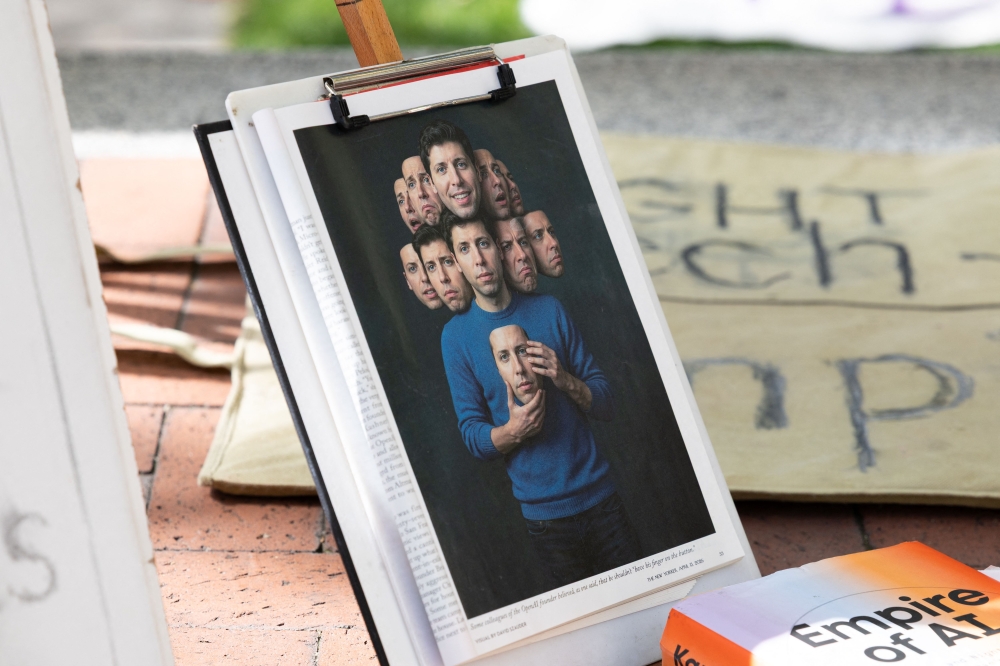 An image depicting OpenAI CEO Sam Altman is displayed outside the Ronald V. Dellums Federal Building in Oakland on April 27, 2026. — AFP pic