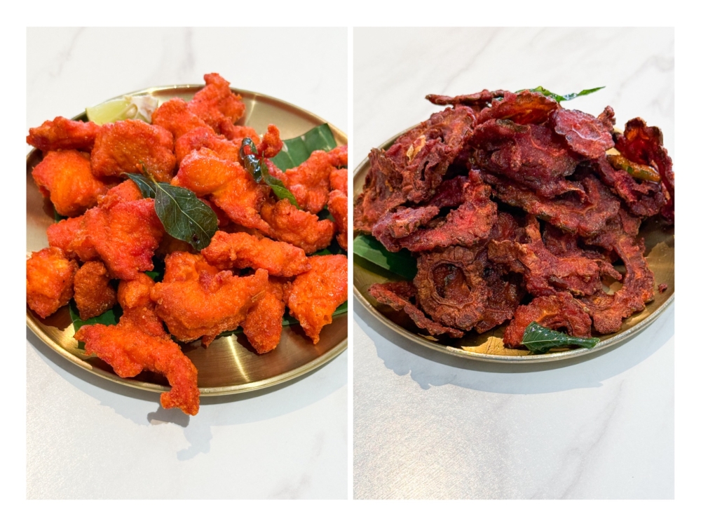 Add protein in the form of Chicken 65 which uses boneless chicken (left). Fried Bitter Gourd is cut thinly for crisps with  the crunchy bite (right) . — Picture by Lee Khang Yi