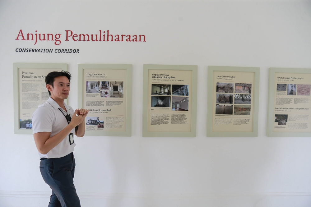 ThinkCity conservation advisor Justin Khoo is seen at the Restoration Porch, which shares the story of the restoration of the building during a curated tour of the newly-restored Seri Negara building at Persiaran Tuanku Jaafar. — Picture by Sayuti Zainudin 