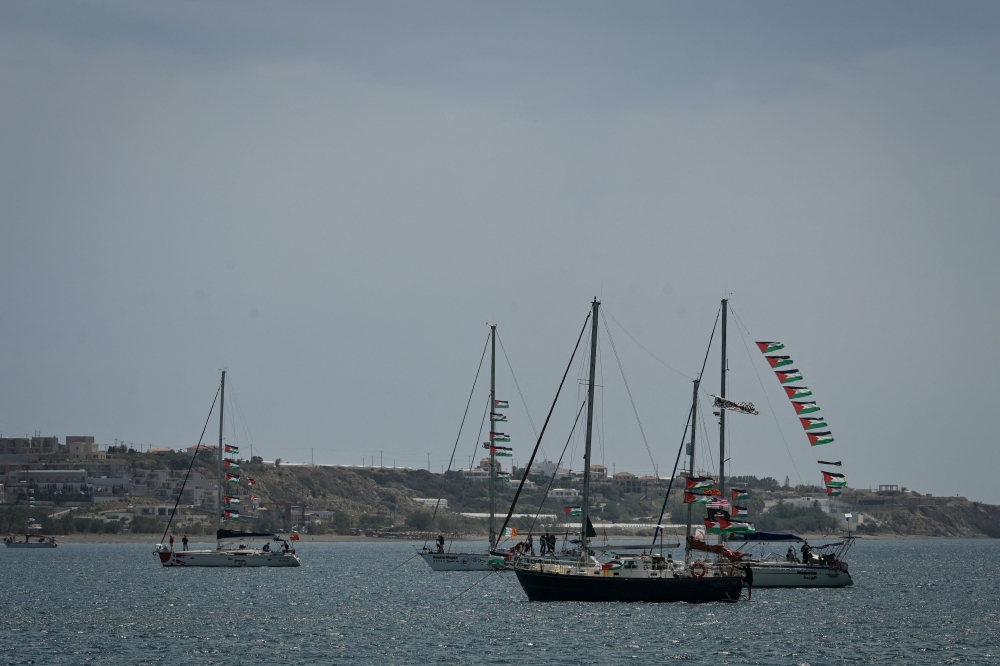Vessels from the Global Sumud Flotilla, intercepted by the Israeli Navy in international waters, are moored off the coast of the ctown of Ierapetra, on the island of Crete, on May 1, 2026. — AFP pic 