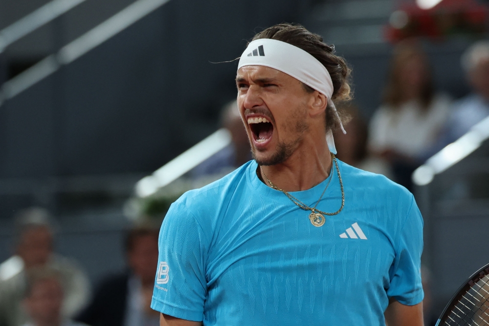 Germany's Alexander Zverev celebrates beating Belgium's Alexander Blockx during their 2026 ATP Tour Madrid Open tennis tournament semi-final singles match at the Caja Magica in Madrid May 1, 2026. — AFP pic 