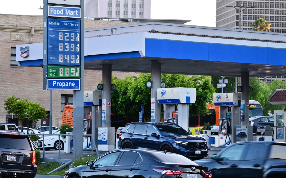 Gas prices exceeding US$8 a gallon are seen listed at a Chevron gas station in Los Angeles, California April 28, 2026. — AFP pic