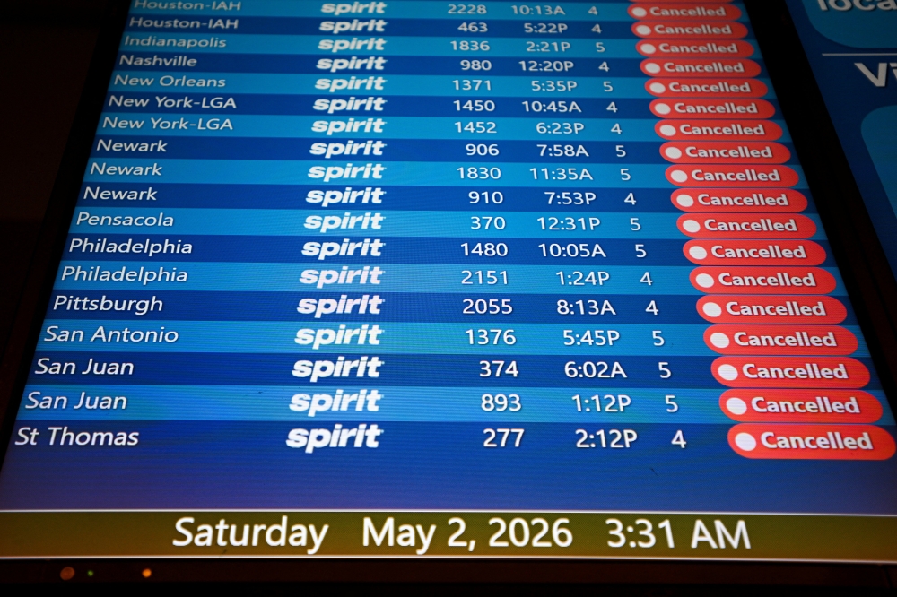 A departure board displays cancelled Spirit Airlines flights at Orlando International Airport, as the airline announced it was ceasing operations early this morning following an impasse in talks with some creditors on a US$500 million government bailout plan, in Orlando, Florida May 2, 2026. — Reuters pic